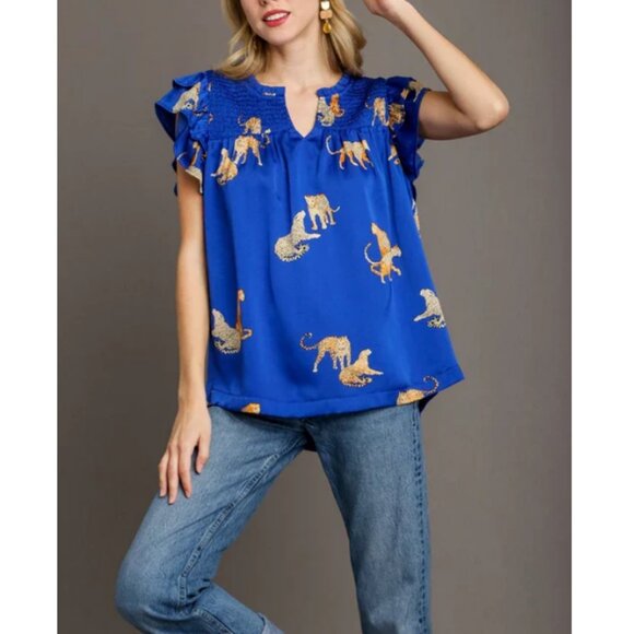 Umgee Tops - Umgee Women's Royal Blue Smocked Detail Cheetah Top with Gold Accents Size XL